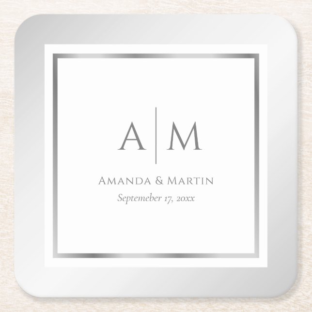 Dessous De Verre Carré Élégant Mariage d'argent monogramme (Devant)
