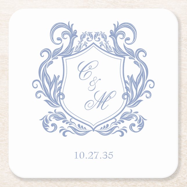 Dessous De Verre Carré Élégant Mariage de Monogram Blue Dusty (Devant)