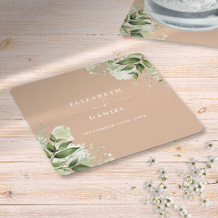 Dessous De Verre Carré Élégant mariage floral verdure beige