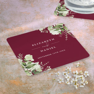 Dessous De Verre Carré Élégant mariage floral verdure bordeaux