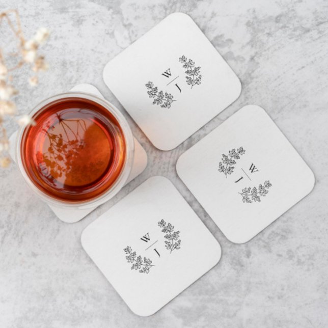 Dessous De Verre Carré Élégant Mariage initial de la feuille botanique (Créateur téléchargé)