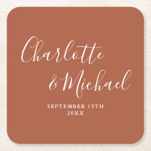 Dessous De Verre Carré Élégant Mariage Terracotta Calligraphié