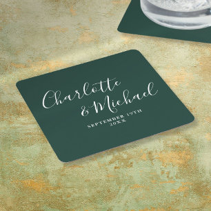Dessous De Verre Carré Élégant mariage vert émeraude écriture signature