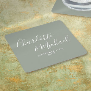Dessous De Verre Carré Élégant Mariage Vert Sauge Écriture Signature