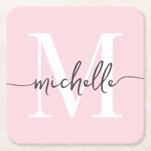 Dessous De Verre Carré Élégant Moderne Écriture de Nom Monogramme Rose Pâ