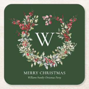 Dessous De Verre Carré Élégant Monogramme Joyeux Noël Vacances Wreath