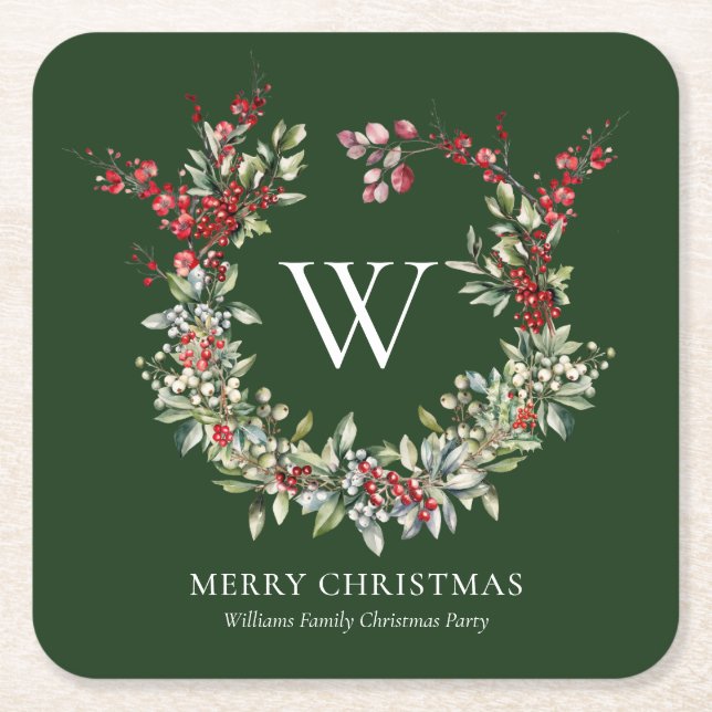 Dessous De Verre Carré Élégant Monogramme Joyeux Noël Vacances Wreath (Devant)