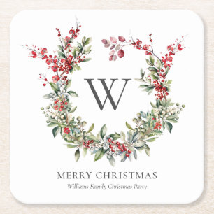 Dessous De Verre Carré Élégant Monogramme Joyeux Noël Vacances Wreath