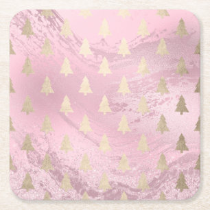 Dessous De Verre Carré Élégant motif moderne de Noël doré et rose