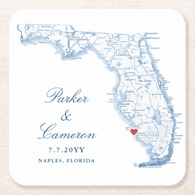 Dessous De Verre Carré Élégant Naples Florida Map Mariage (Devant)