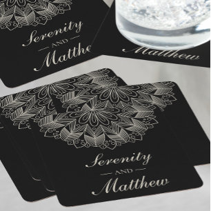 Dessous De Verre Carré Elégant noir Mandala Boho Chic Mariage indien