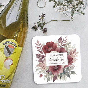 Dessous De Verre Carré Élégant nom de Mariage d'aquarelle florale bordeau