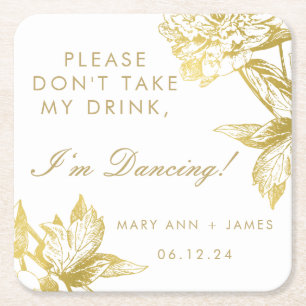 Dessous De Verre Carré Elégant or floral "Ne prenez pas mon verre"