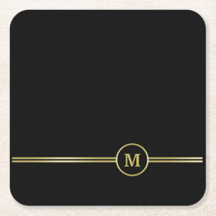 Dessous De Verre Carré Élégant or Monogramme personnalisé sur noir