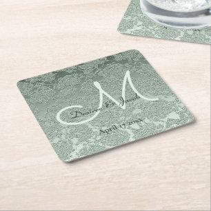 Dessous De Verre Carré Élégant Pastel Sage Green Mariage Monogramme