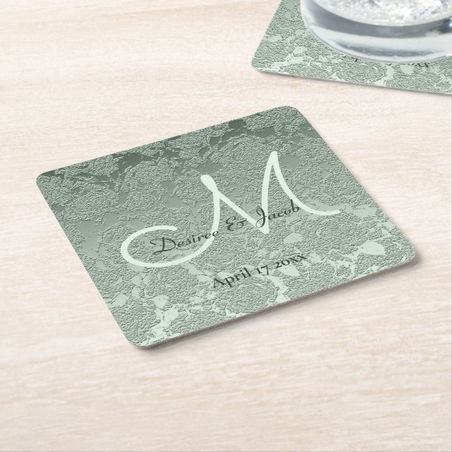 Dessous De Verre Carré Élégant Pastel Sage Green Mariage Monogramme (Incliné)
