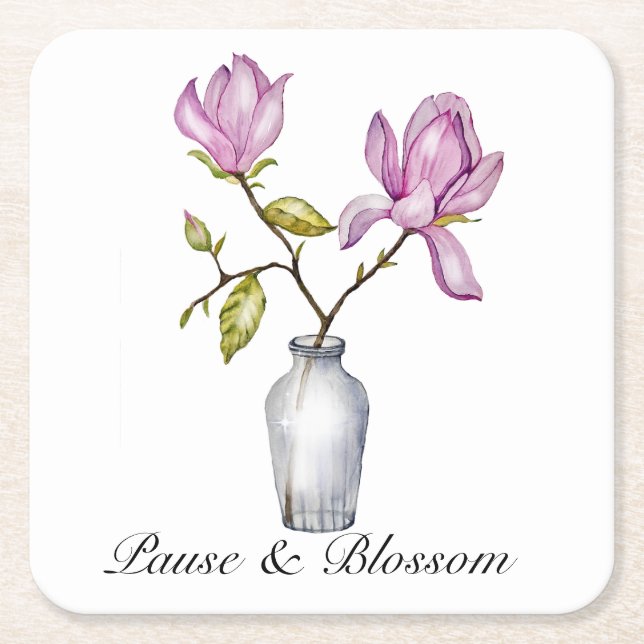 Dessous De Verre Carré Elegant Pink Magnolia Watercolor in Glass Vase (Devant)