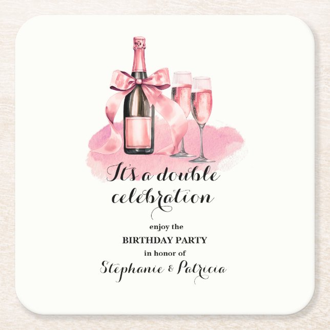 Dessous De Verre Carré Élégant rose Double Célébration Anniversaire (Devant)