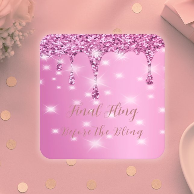 Dessous De Verre Carré Élégant rose pailleté brillant Drip Enterrement de (Hot pink coasters for bachelorette parties, bridal gifts, or luxe drink station styling.)