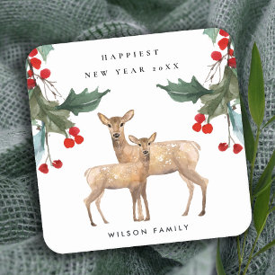 DESSOUS DE VERRE CARRÉ ÉLÉGANT ROUGE VERT HOLLY BERRY DEER DUO NOUVEL AN