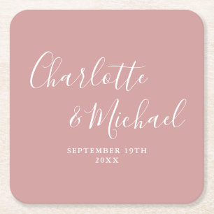 Dessous De Verre Carré Élégant script de signature Dusty Rose Mariage