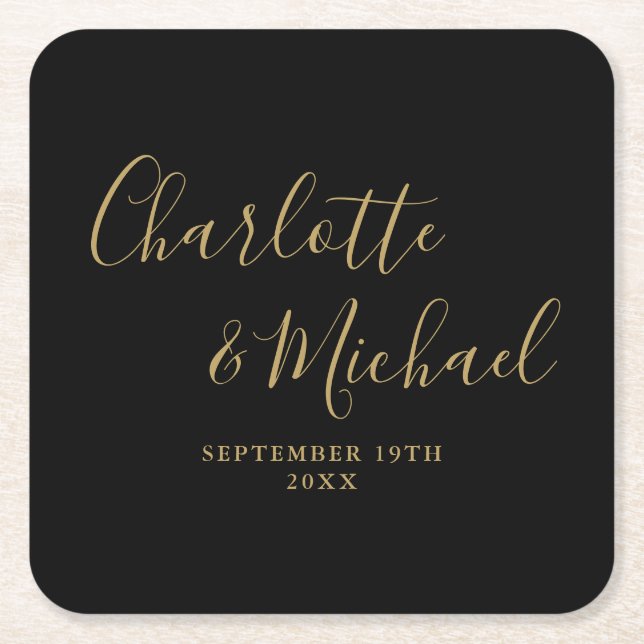 Dessous De Verre Carré Élégant Script Signature Mariage Noir Et Or (Devant)