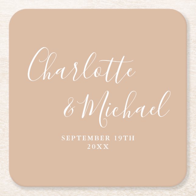Dessous De Verre Carré Élégant script signature Tan Taupe Mariage (Devant)