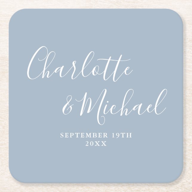 Dessous De Verre Carré Élégant signature Script Dusty Mariage bleu (Devant)