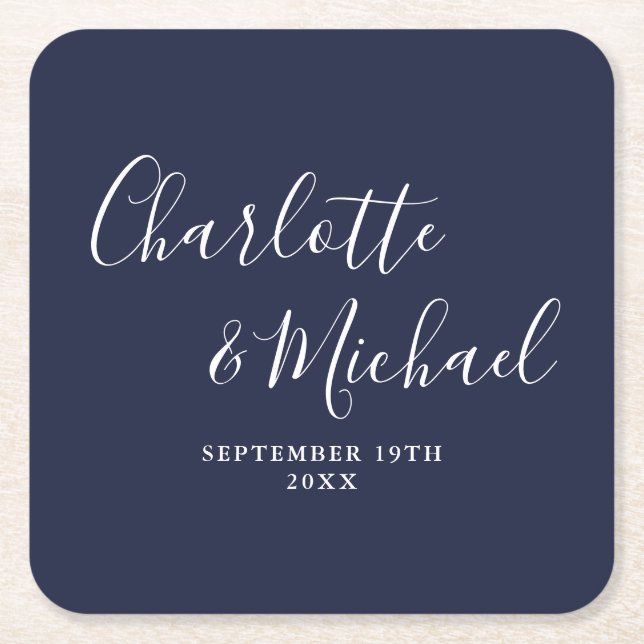 Dessous De Verre Carré Élégant signature Script Mariage bleu marine (Devant)