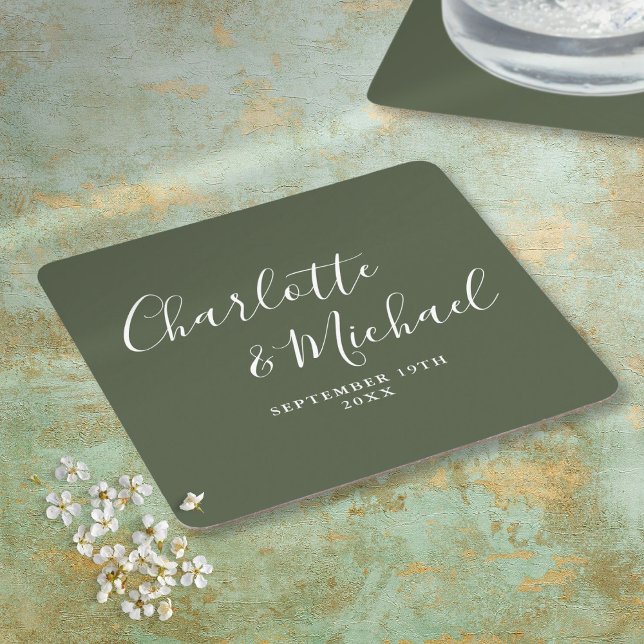 Dessous De Verre Carré Élégant signature Script Mariage vert olive (Elegant Signature Script Olive Green Wedding Square Paper Coaster)