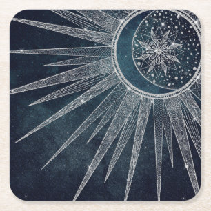 Dessous De Verre Carré Elégant Silver Sun Moon Doodle Mandala Blue Design