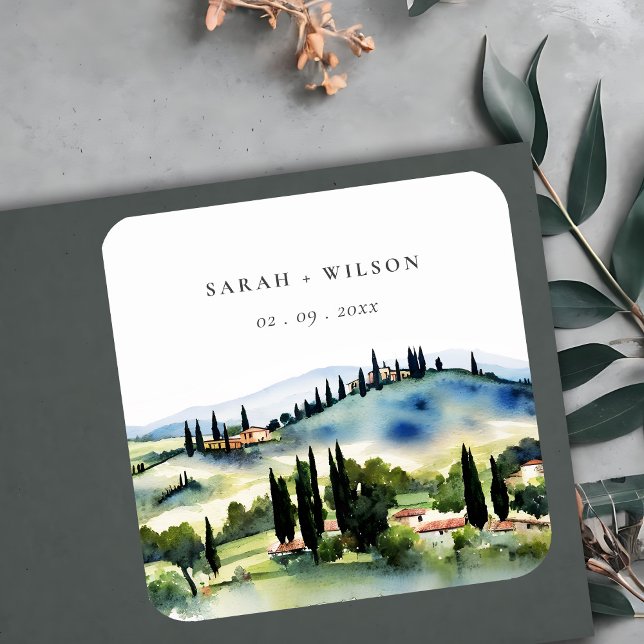 Dessous De Verre Carré Elégant Toscane Italie Aquarelle Mariage paysage (Créateur téléchargé)