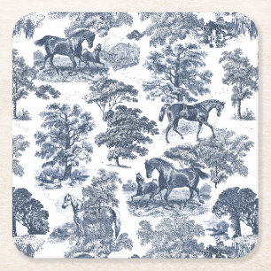 Dessous De Verre Carré Elégant Vintage Chic Blue Horses Country Toile