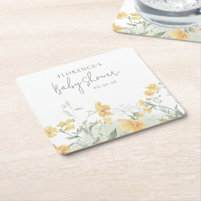 Dessous De Verre Carré Elegant Yellow Floral Baby Shower (Incliné)
