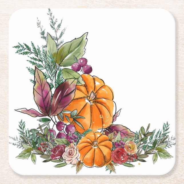 Dessous De Verre Carré Elégante aquarelle Citrouille Fleurs de feuillage  (Devant)