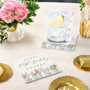 Dessous De Verre Carré Elégante aquarelle florale Joyeux 80e anniversaire