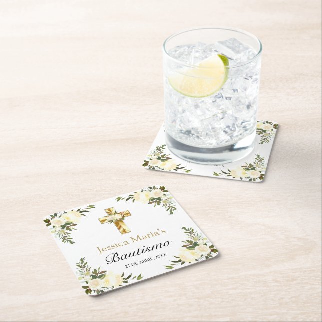 Dessous De Verre Carré Elegante Bautismo Floral Blanco (En situation)