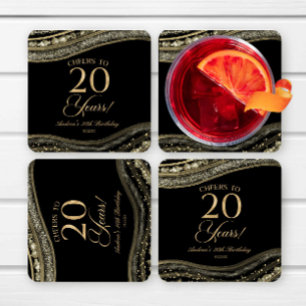 Dessous De Verre Carré Elégante Black Gold Agate 20e fête d'anniversaire
