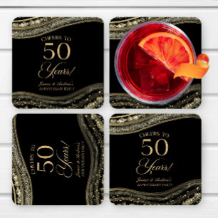 Dessous De Verre Carré Élégante Black Gold Agate 50e Anniversaire Party