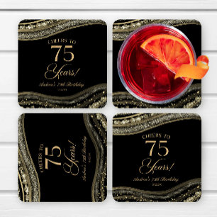 Dessous De Verre Carré Elégante Black Gold Agate 75e fête d'anniversaire