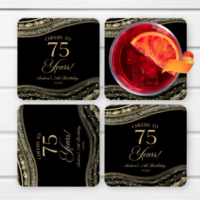 Dessous De Verre Carré Elégante Black Gold Agate 75e fête d'anniversaire (Créateur téléchargé)