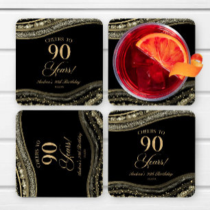 Dessous De Verre Carré Elégante Black Gold Agate 90e fête d'anniversaire