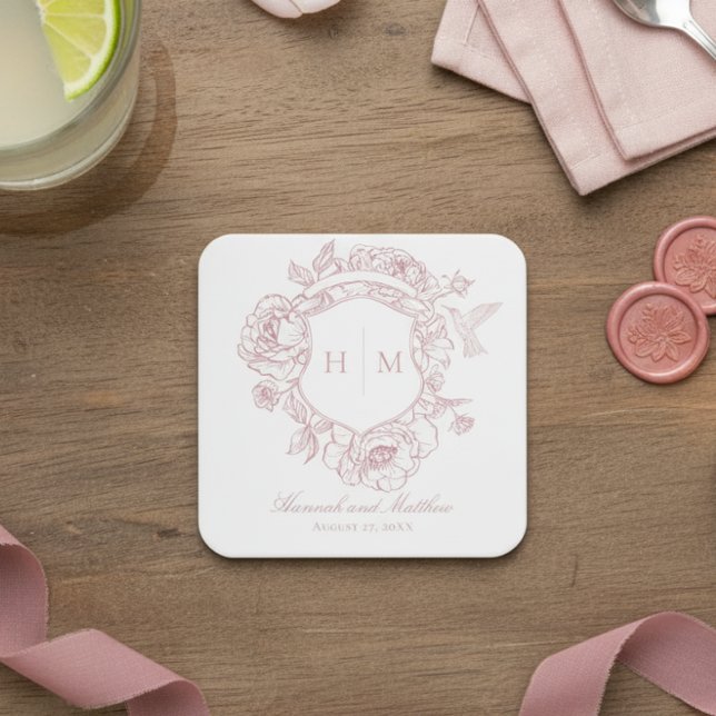 Dessous De Verre Carré Élégante Chinoiserie rose Mariage de crête d'oisea (Créateur téléchargé)