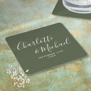 Dessous De Verre Carré Élégante signature mariage vert olive calligraphié
