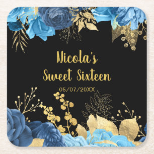 Dessous De Verre Carré Élégantes Fleurs Bleues et Dorées Sweet Sixteen
