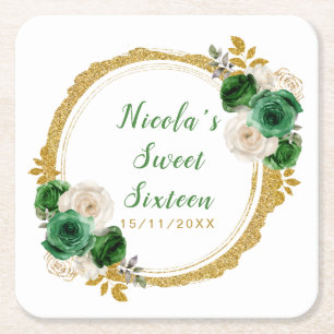 Dessous De Verre Carré Élégantes Fleurs Vert Foncé et Or Sweet Sixteen