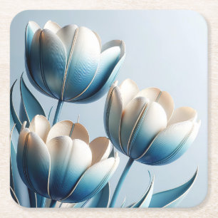 Dessous De Verre Carré Élégantes tulipes bleues et blanches