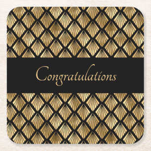 Dessous De Verre Carré Élégants éventails géométriques Art Déco or et noi