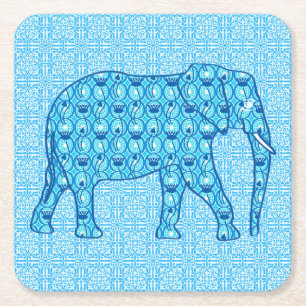 Dessous De Verre Carré Éléphant fleur de lotus - turquoise