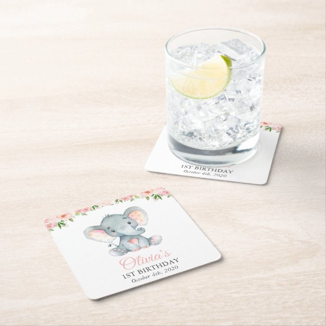 Dessous De Verre Carré Eléphant, Fleurs Aquarelles Roses, Premier Anniver (En situation)